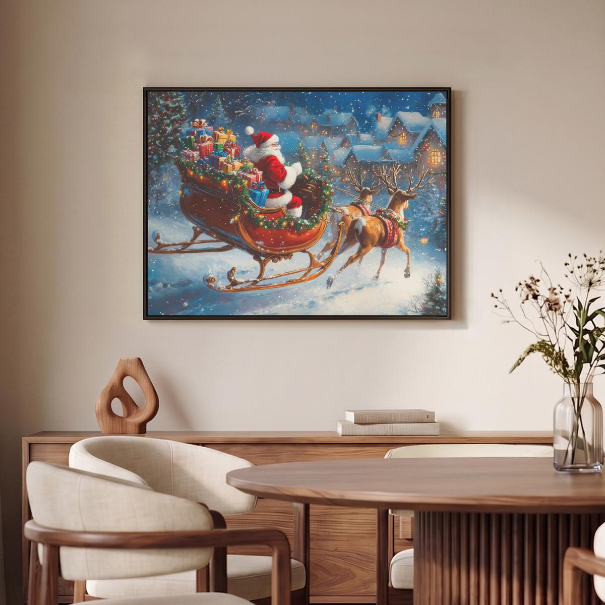 LEINWAND Bilder mit Rahmen - Weihnachtsmann - Rentier - Weihnachten - Schnee - 80x60 - Cognac, Textil (80/60cm) - MuchoWow