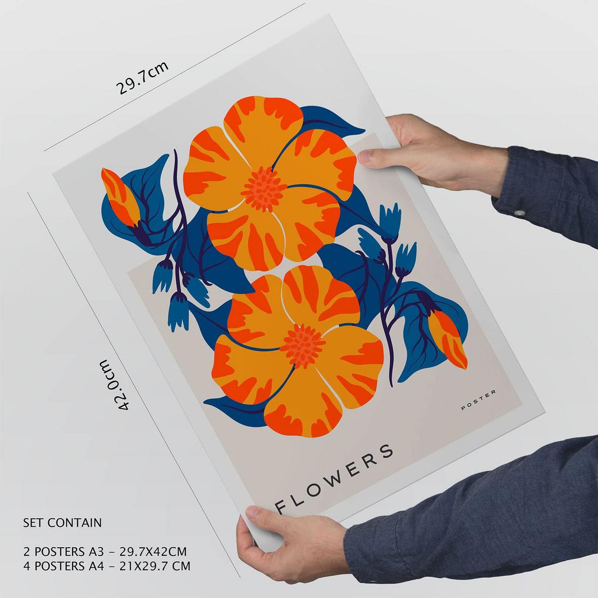 POSTER Set Mit 6 Blumen Oranger Dschungel Natur Und Botanikdrucke Für Innenarchitektur A3 & A4 Schwarzer Rahmen - Schwarz, Papier (29/3cm) - Nacnic