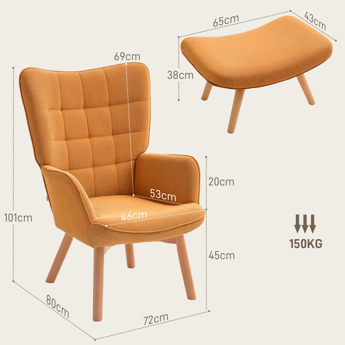 SESSEL mit Hocker, Ohrensessel mit Hoher Rückenlehne, Holzbeine, Cord, Braun - Buchefarben/Bernsteinfarben, Buchenholz/Textil (80/101/72cm) - HOMCOM