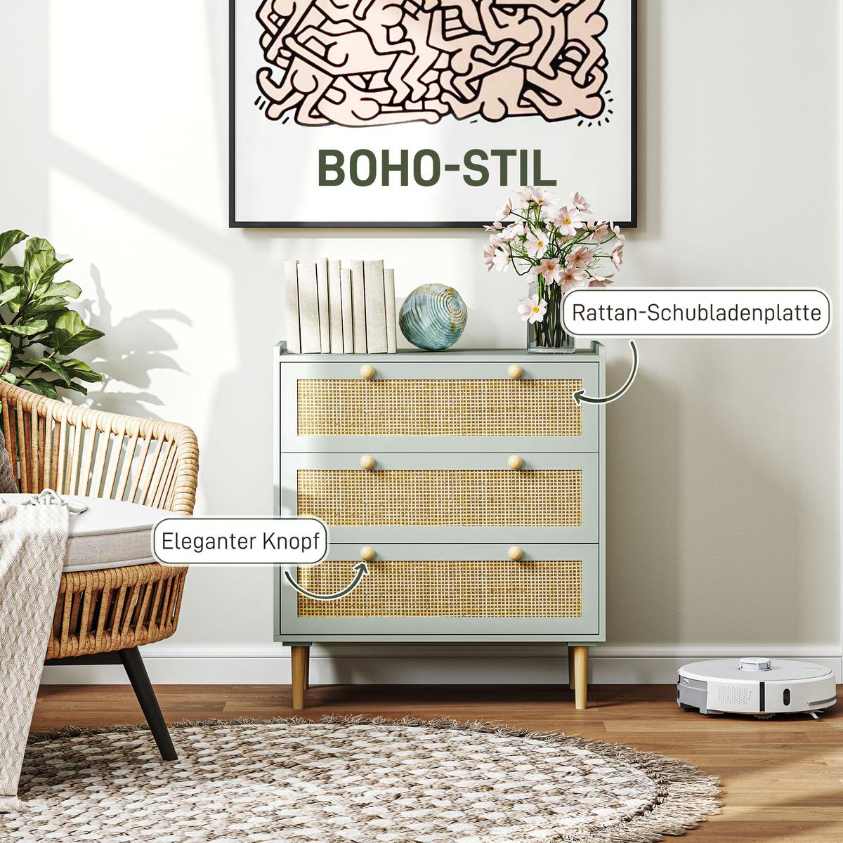 SCHLAFZIMMER-KOMMODE mit 3 Schubladen, Rattan-Fronten, MDF, Grün - Hellblau, Holzwerkstoff (40/87.5/80cm) - HOMCOM