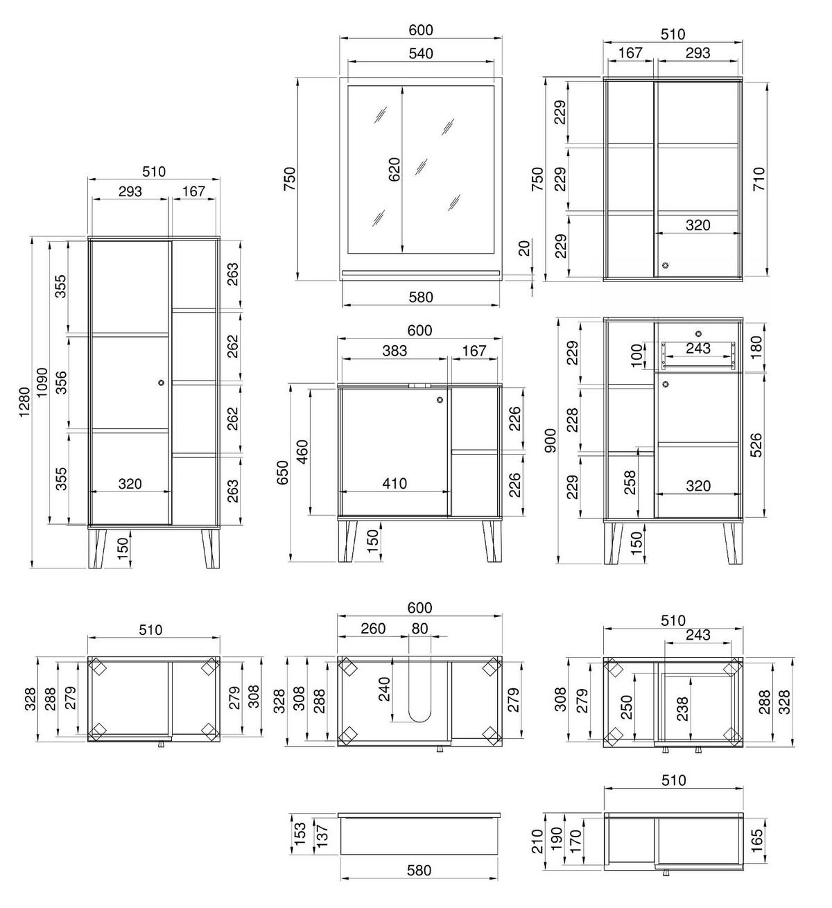 BADMÖBEL-SET 5-teilig grau, Evoke Eiche, Badkombination, 182 x 190 cm - Eichefarben/Grau, Glas/Holzwerkstoff (182/190/33cm) - Furn.Design