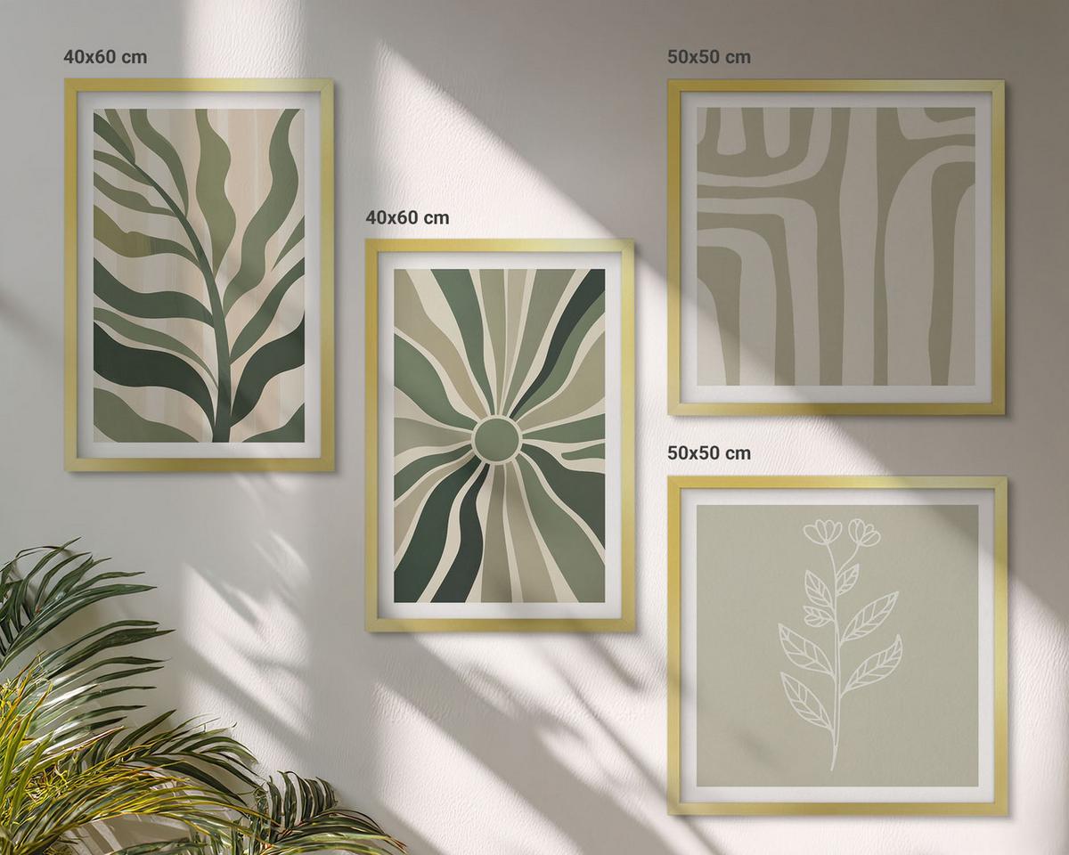 BILDER SET 4er Set - 50x50 cm & 40x60 cm Goldrahmen - Pflanzenmuster grüner Minimalismus - Goldfarben, Kunststoff (50/50cm) - TULUP
