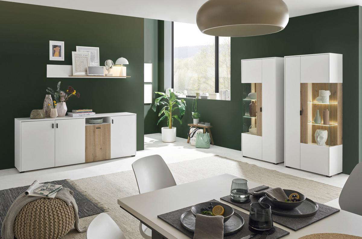 VITRINE weiß matt, Eiche 75 x 180 cm, Vitrinenschrank 10 Fächer und Soft-Close-Funktion - Eichefarben/Schwarz, Glas/Holzwerkstoff (75/180/38cm) - Furn.Design