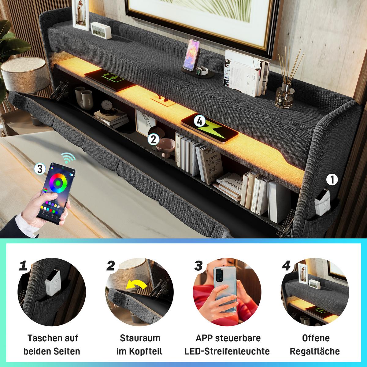 BETT mit Stauraum und LED 180/200 cm - Grau, Holzwerkstoff/Textil - Urban Meuble