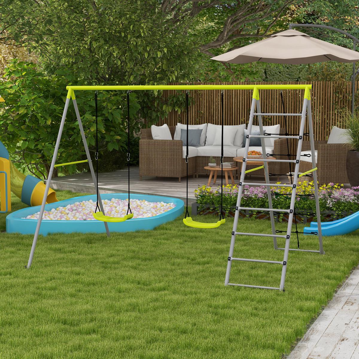 KINDERSCHAUKEL-SET, Kletternetz, Sprossenleiter, für 3-8 Jahre, wetterfest, Grün - Grün, Kunststoff/Metall (185/260cm) - Outsunny
