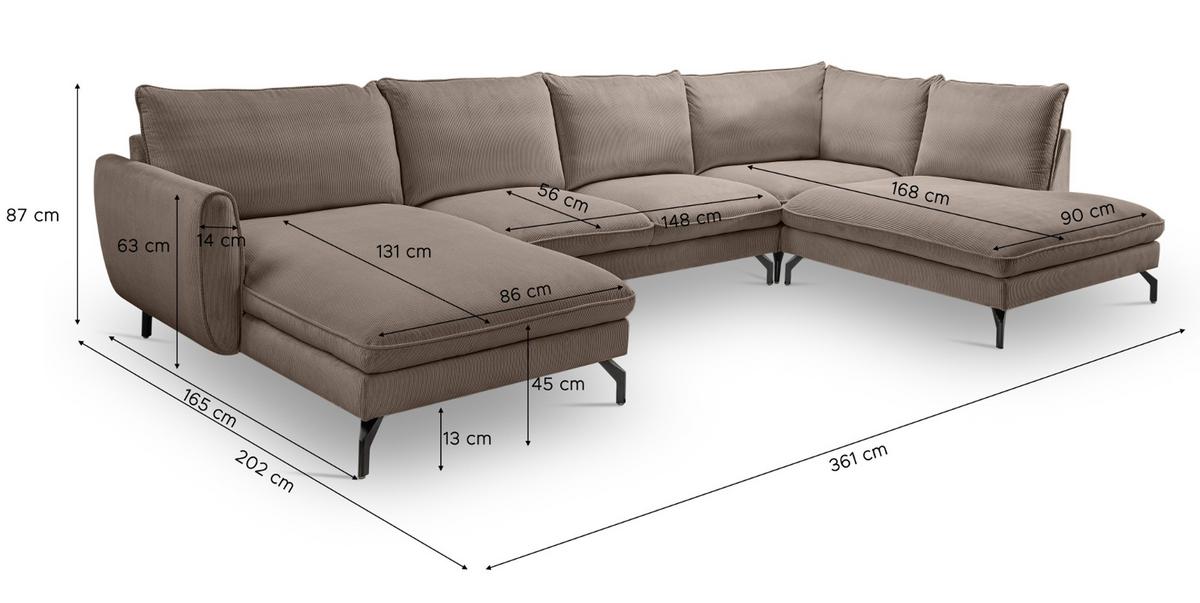 SOFA braun Cord-Stoff 202 x 361 cm, Wohnlandschaft U-Form - Schwarz/Braun, Holz/Textil (361/87/202cm) - Inn.Furn