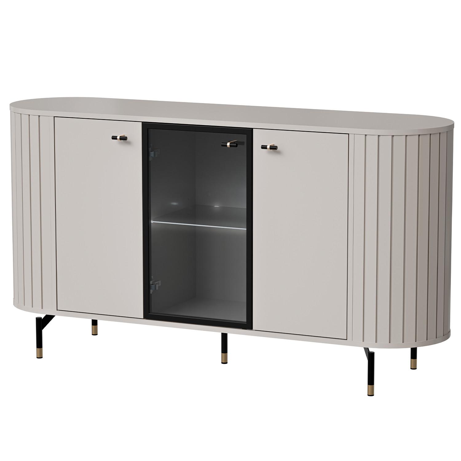 KOMMODE Zalia mit LED-Beleuchtung, 3 Türen, Glastür und Stauraum, 150 cm, im Retro-Stil, Kaschmir - Kaschmir, Holzwerkstoff (150/81/40cm) - Beautysofa