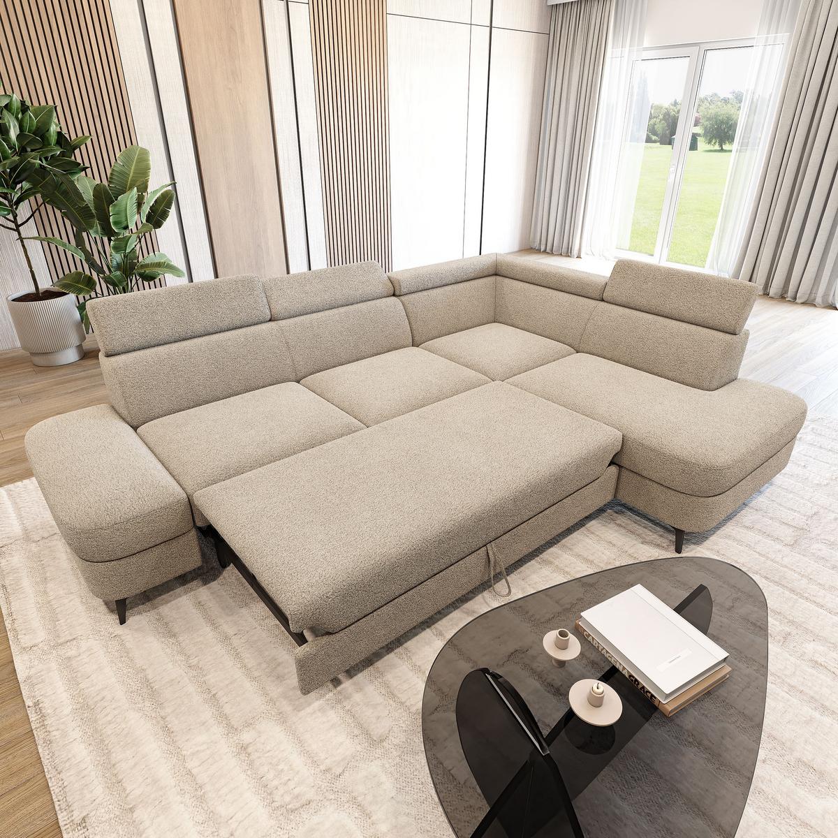 ECKSOFA AVISE Q R-S Beige Boucle-Stoff mit Schlaffunktion - Beige, Holzwerkstoff/Textil (268/195cm) - MASSENO