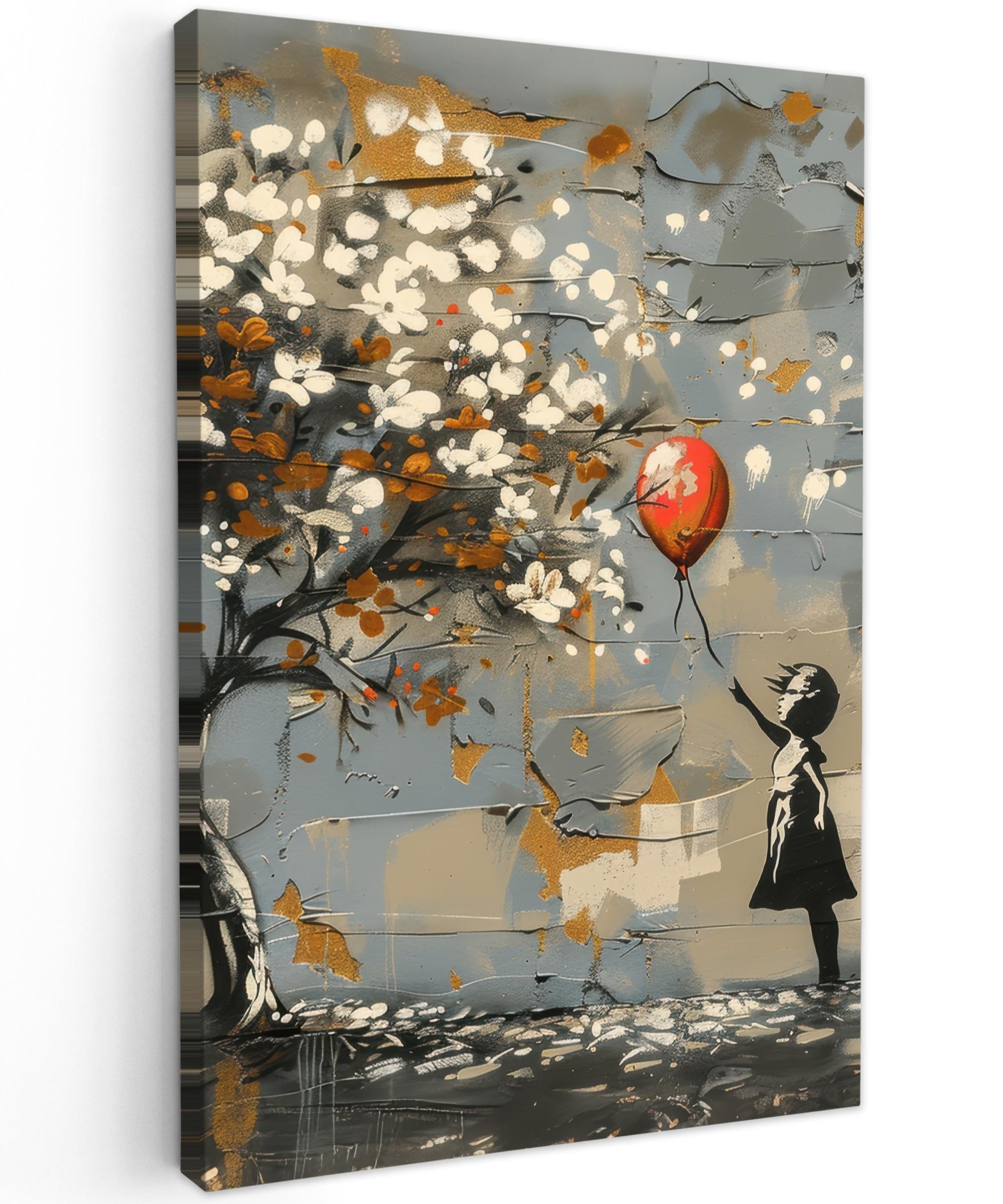 LEINWANDBILD Baum - Graffiti - Banksy-Stil - Ballon-Mädchen Deko Groß 90x140 cm - Blaugrau, Textil (90/140cm) - MuchoWow