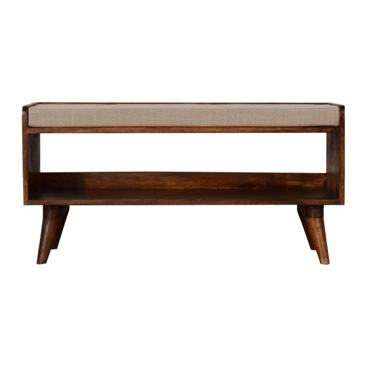 SCHUHBANK Massivholz Mud Leinen Nordic, Gepolsterte Sitzfläche und Offenes Regal zur Aufbewahrung, Dunkelbraun - Beige/Dunkelbraun, Mangoholz/Holz (90/45/34cm) - Artisan Furniture