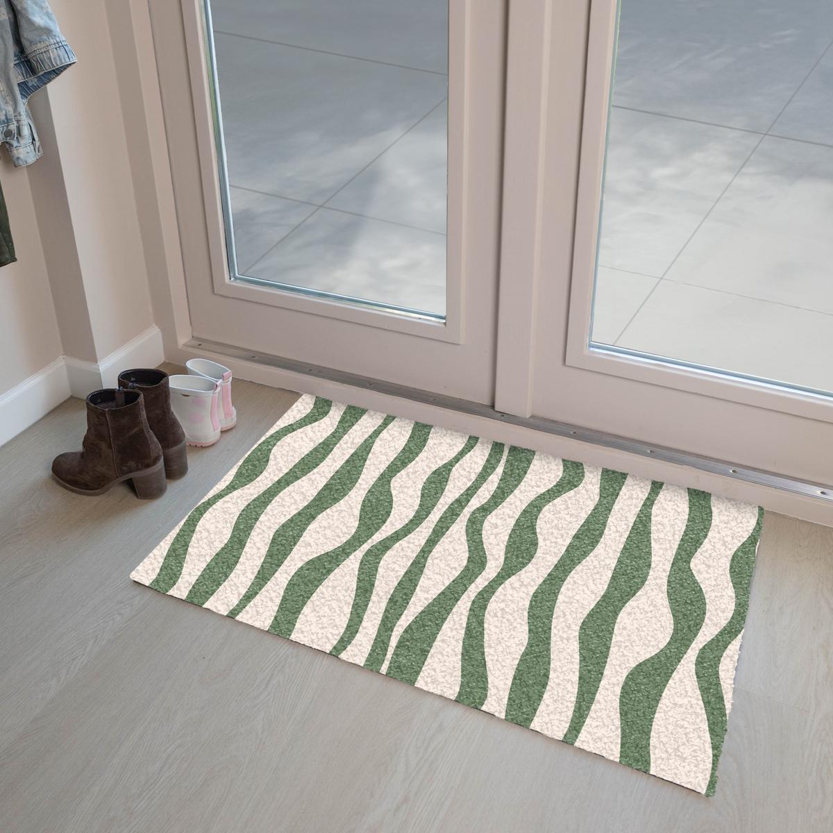 FUSSMATTE Wellenlinien - Beige - Grün - Streifen - Abstrakt Fußabtreter 90x60 cm - Dunkelgrün, Kunststoff (90/0.4cm) - MuchoWow