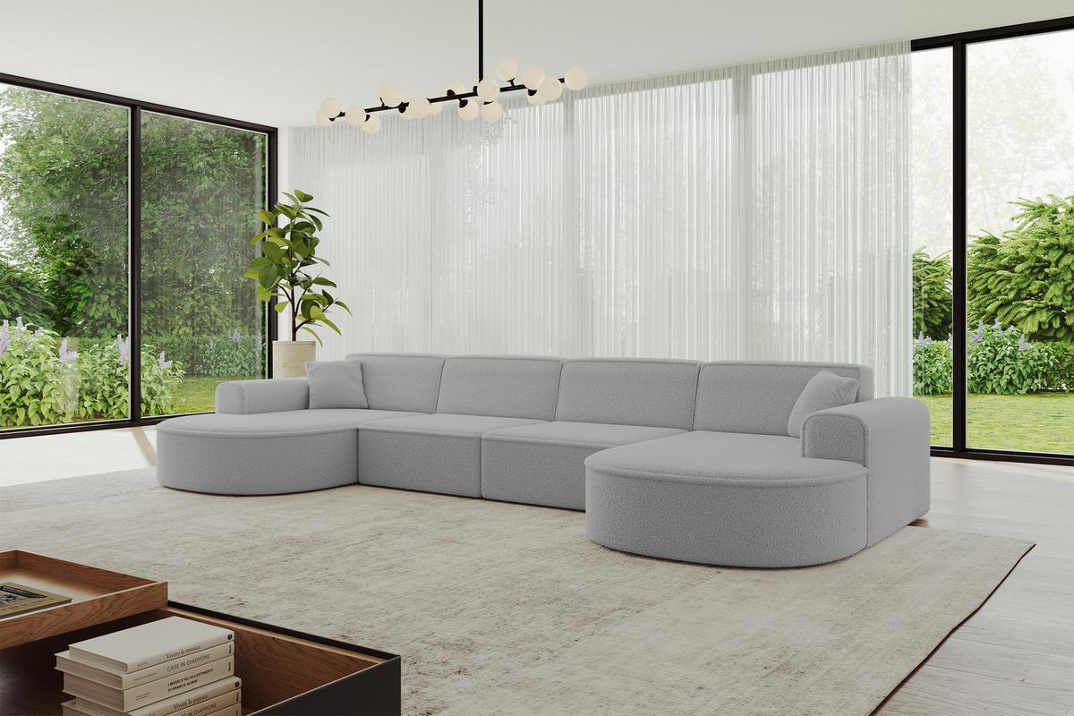 WOHNLANDSCHAFT MARI-U2 - 388x171x79 cm Hellgrau Bouclé - Hellgrau/Schwarz, Holzwerkstoff/Kunststoff (388/79/171cm) - ALTDECOR