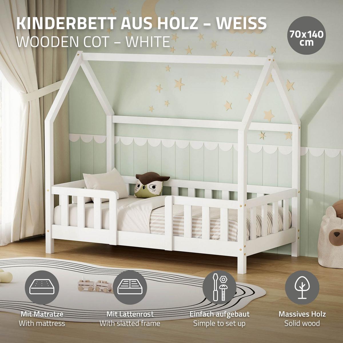 KINDERBETT 70x140 cm mit Matratze & Rausfallschutz Natur aus Kiefernholz - Weiß, Holz (70/140cm) - ML-DESIGN