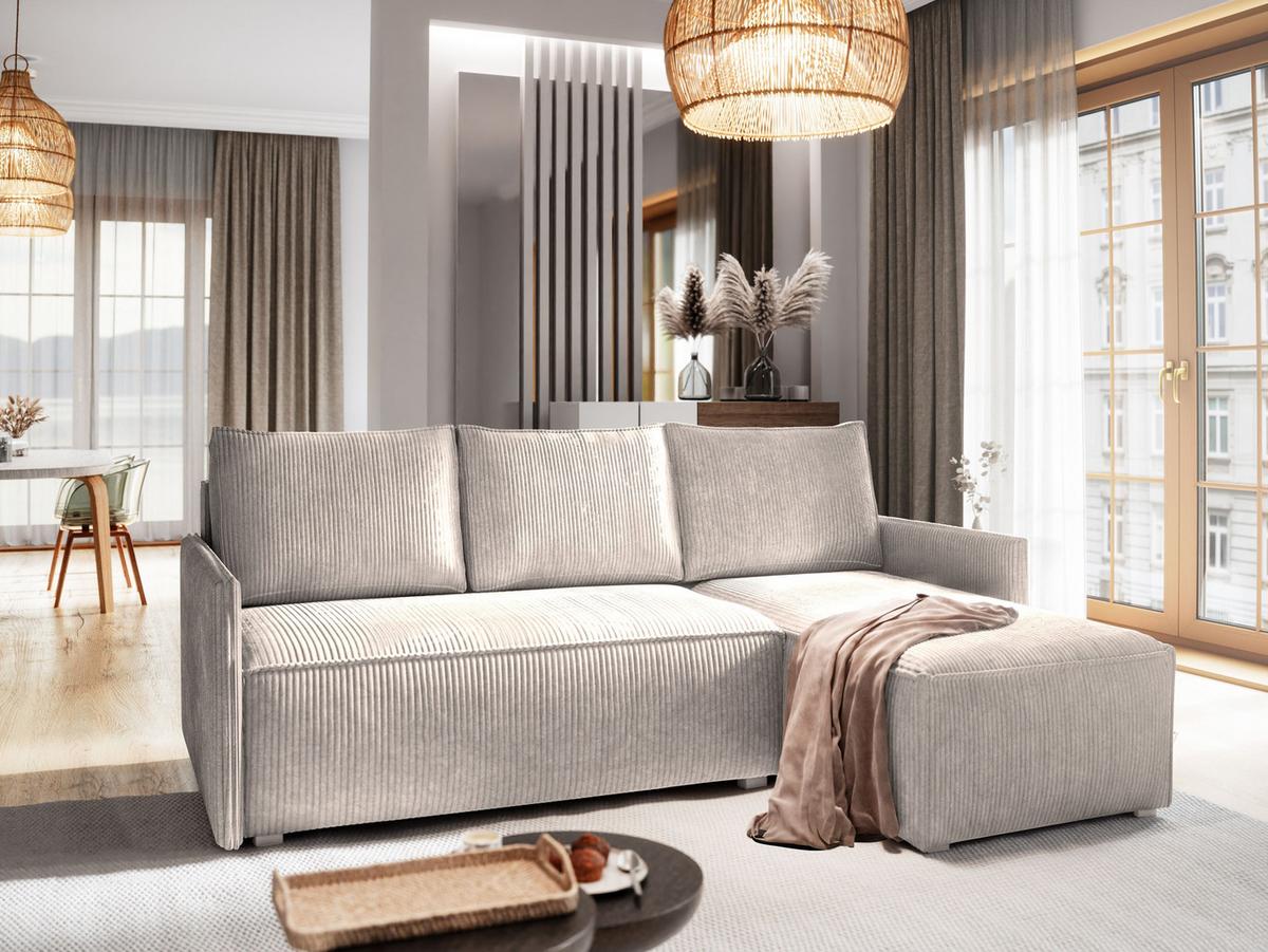 ECKSOFA PERUSI Creme Kordstoff mit Schlaffunktion - Creme/Grau, Holz/Kunststoff (206/143cm) - MASSENO