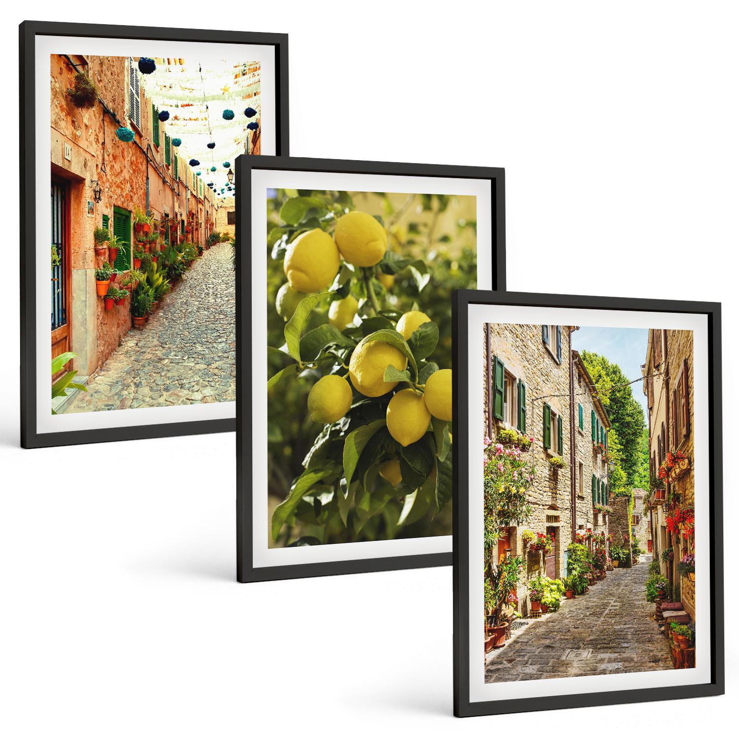 BILDER SET 3er Set - 40x60 cm Schwarzer Rahmen - Straßen mit Zitronenblüten im Hintergrund - Schwarz, Kunststoff (40/60cm) - TULUP