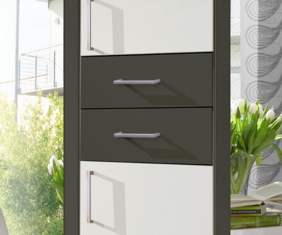 DREHTÜRENSCHRANK B225/H208/T58 cm, Weiß mit Absetzungen in Grafit, Kleiderschrank mit 2 Spiegeltüren & Schubkästen / 22590 - Silberfarben/Graphitfarben, Holzwerkstoff/Kunststoff (225/208/58cm) - luma-home