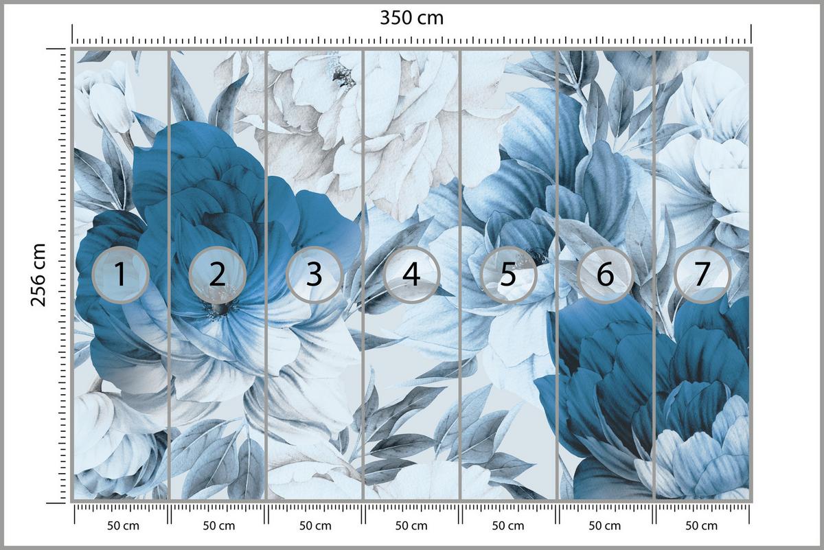 FOTOTAPETE für Wohnzimmer Blaue Pfingstrosen Zart Blumen Boho 350x256 - Blau/Weiß, Papier (350/256cm) - Muralo