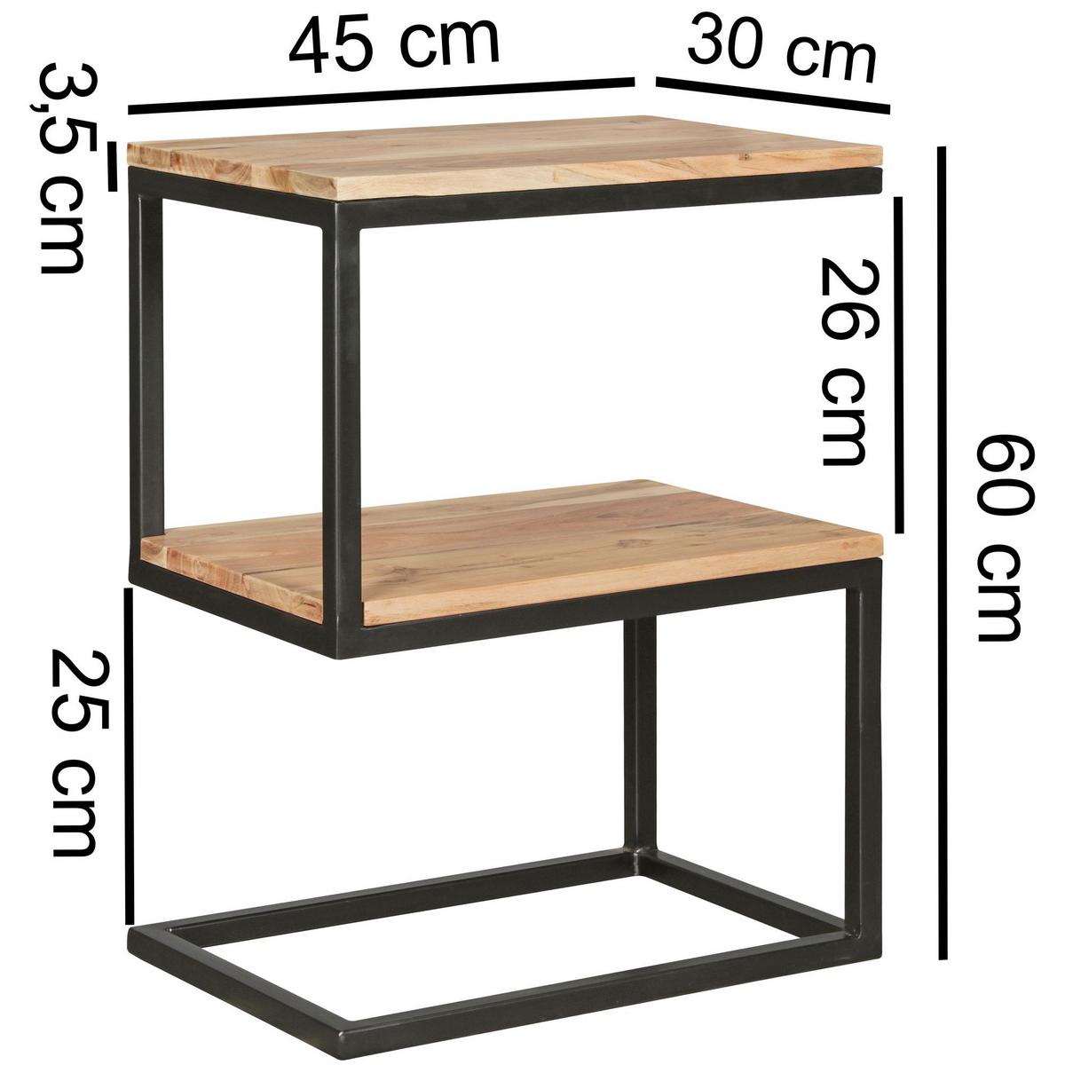 BEISTELLTISCH Massivholz Metall S-Form Landhausstil AKOLA, Akazie 30x45x60 cm - Schwarz/Akaziefarben, Holz/Metall (45/30/60cm) - KADIMA DESIGN