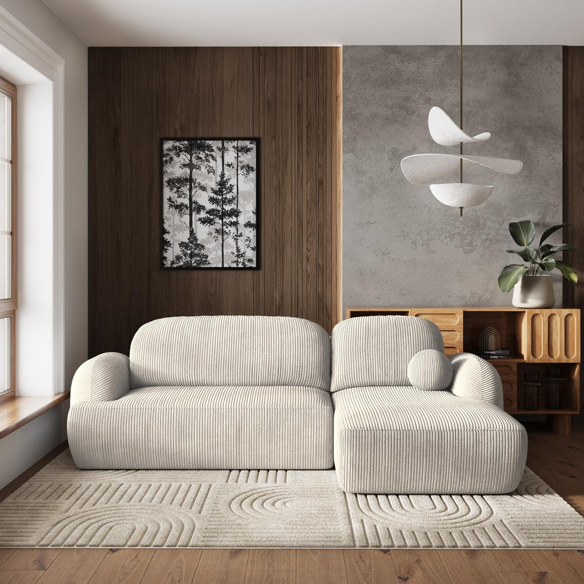 ECKSOFA MODENZA P R-S Creme Kordstoff mit Schlaffunktion - Creme/Schwarz, Holz/Kunststoff (266/148cm) - MASSENO