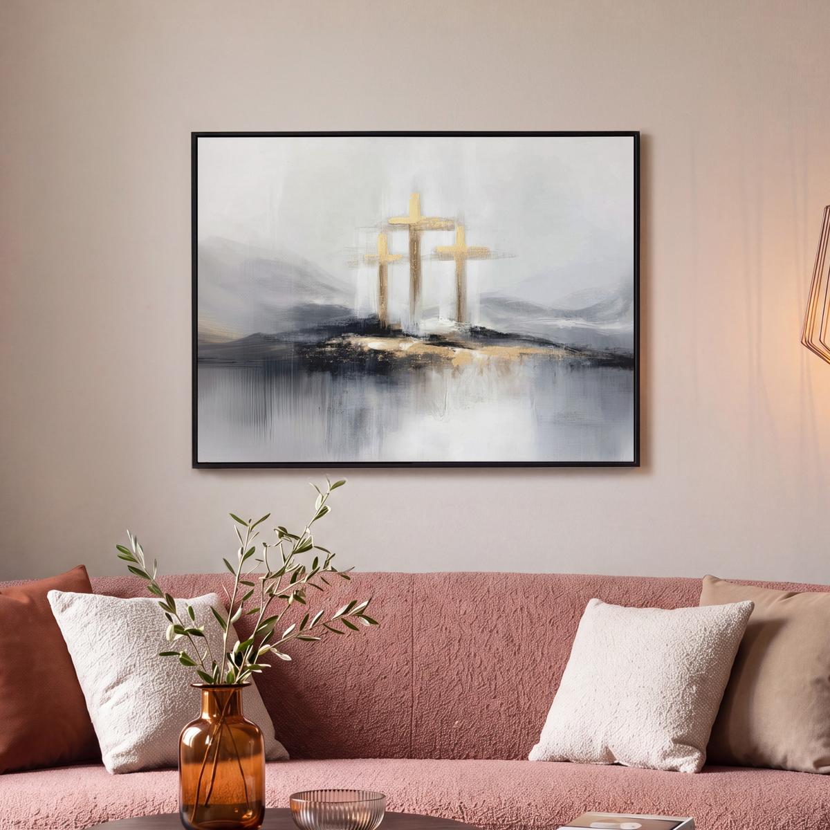 LEINWAND Bilder mit Rahmen - Abstrakt - Malerei - Christentum - Kreuz - 70x50 - Weiß, Textil (70/50cm) - MuchoWow