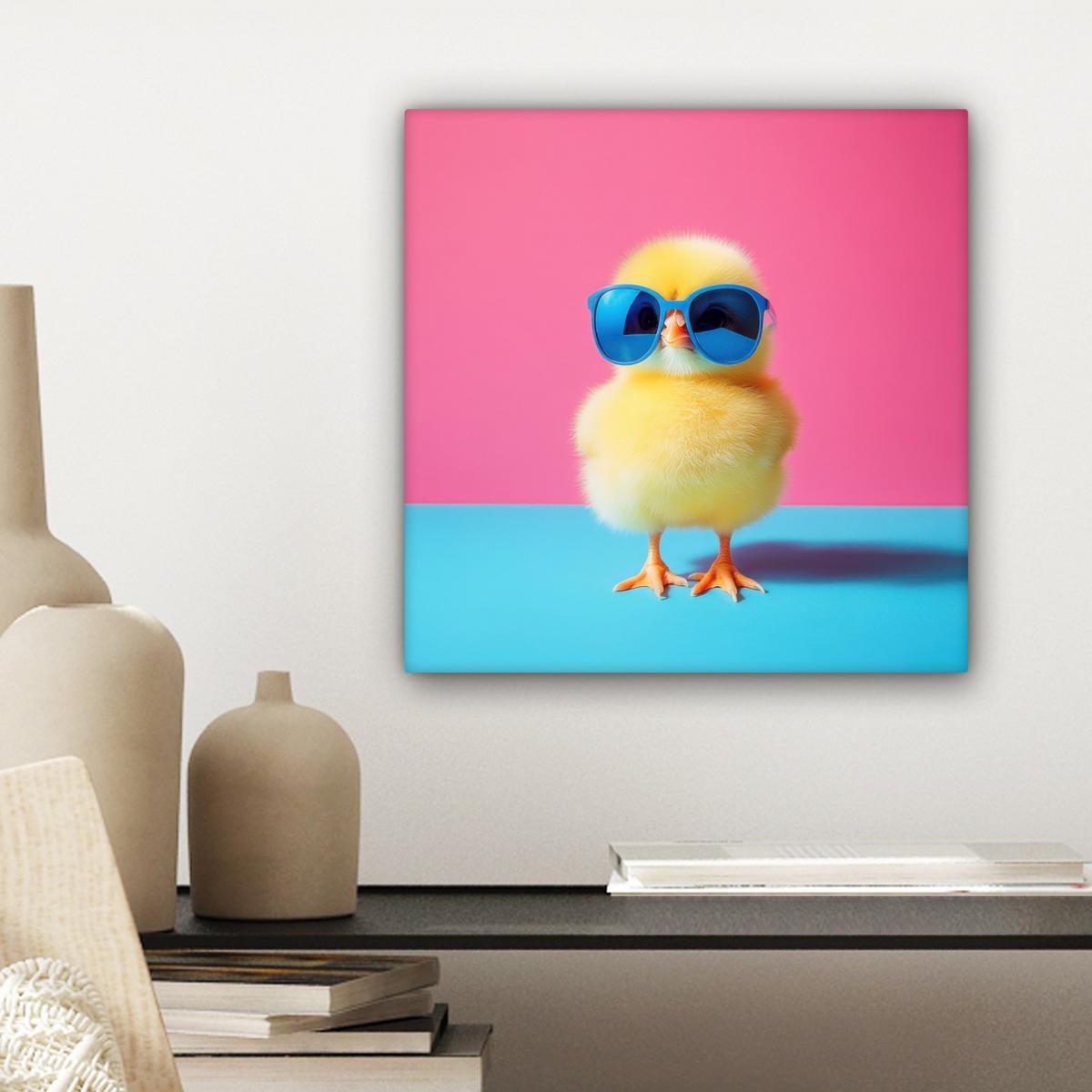 LEINWANDBILD Chick - Sonnenbrille - Blau Deko Wohnzimmer 20x20 cm - Pink/Gelb, Textil (20/20cm) - MuchoWow