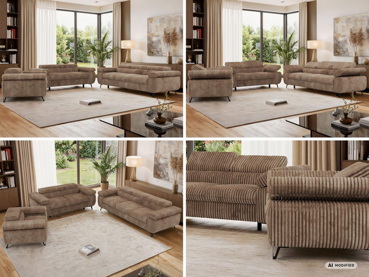 SITZGARNITUR PETER 1+2+3 - Braun Cord - Schwarz/Braun, Textil/Metall (262/76/99cm) - MKS