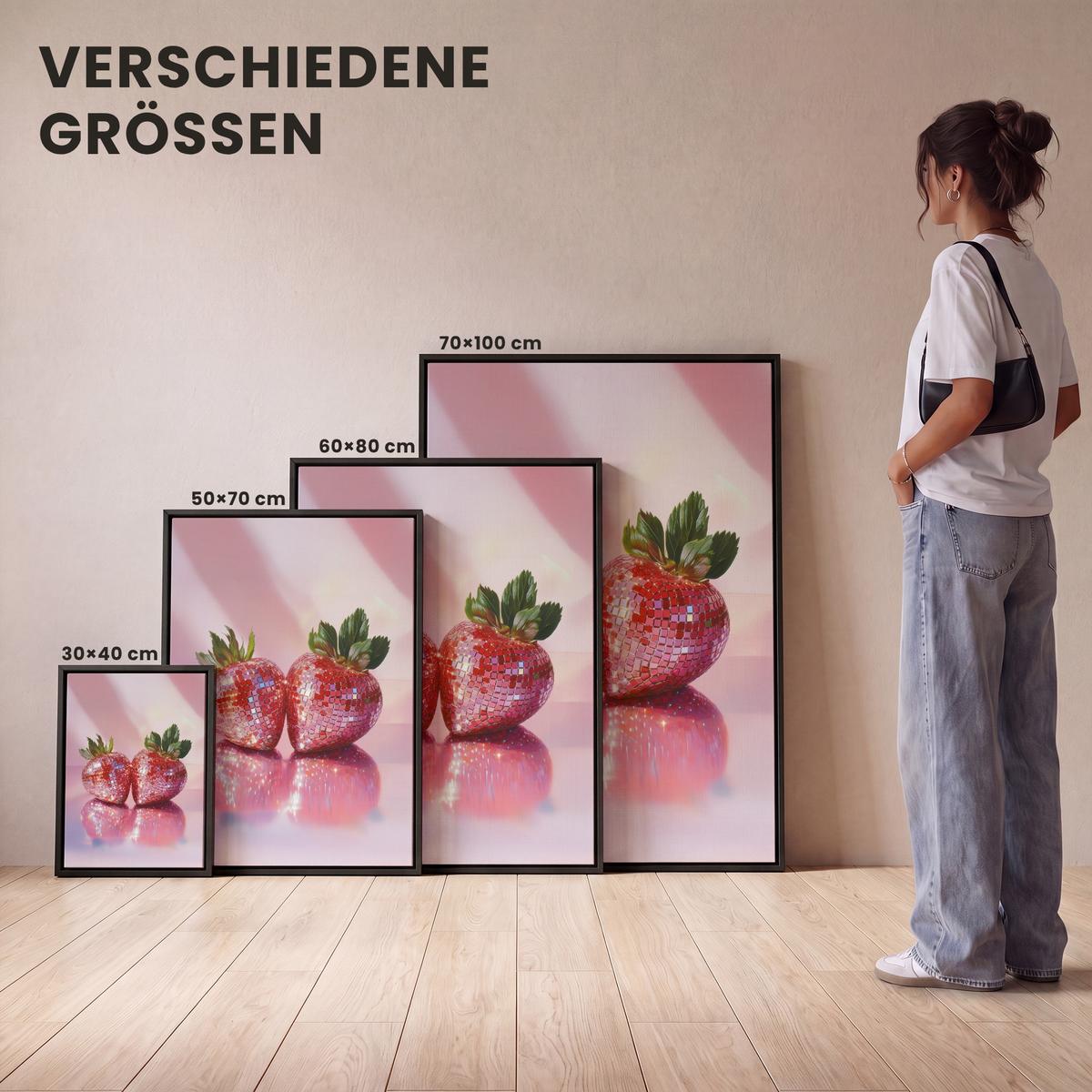 LEINWAND Bilder mit Rahmen - Disco - Obst - Glitzer - Erdbeere - 60x80 - Pink, Textil (60/80cm) - MuchoWow
