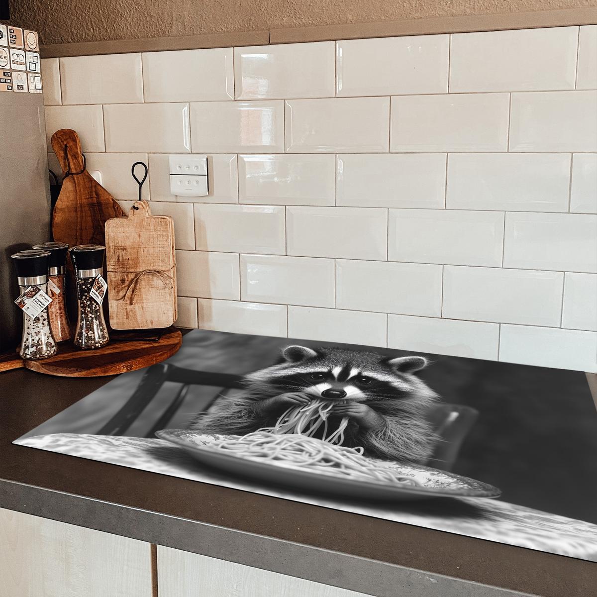HERDABDECKPLATTE Waschbär - Niedlich - Pasta - Tischtuch - Schwarz - Weiß Ceranfeldabdeckung 85x52 cm - Grau, Kunststoff (85/52/0.2cm) - MuchoWow
