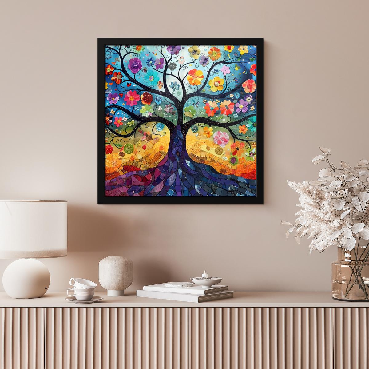 POSTER MIT RAHMENGERAHMTES BILD Kunst - Baum des Lebens - Blumen - Hippie 40x40 cm - Dunkelblau, Papier (40/40cm) - MuchoWow