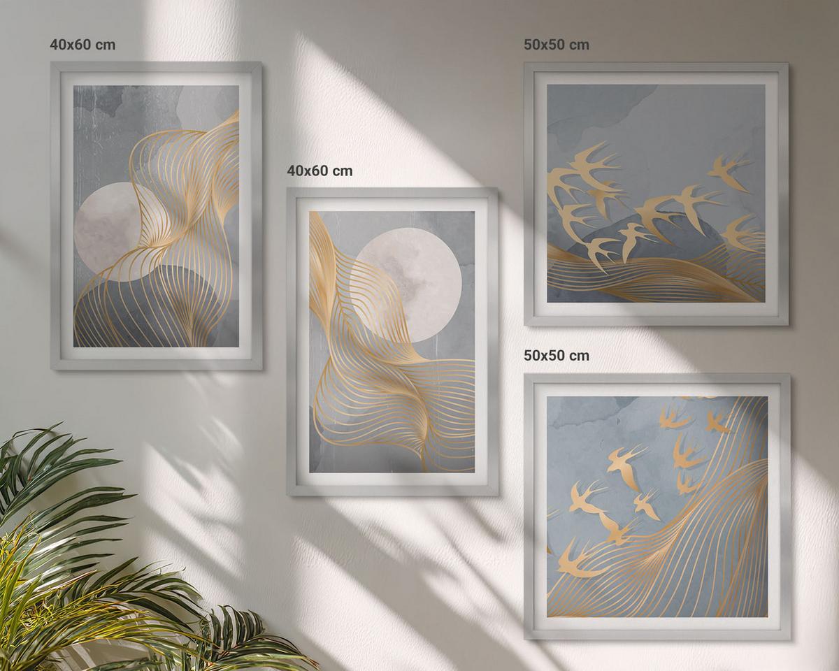 BILDER SET 4er Set - 50x50 cm & 40x60 cm Silberner Rahmen - Abstrakte Wellenkreise, grau - Silberfarben, Kunststoff (50/50cm) - TULUP