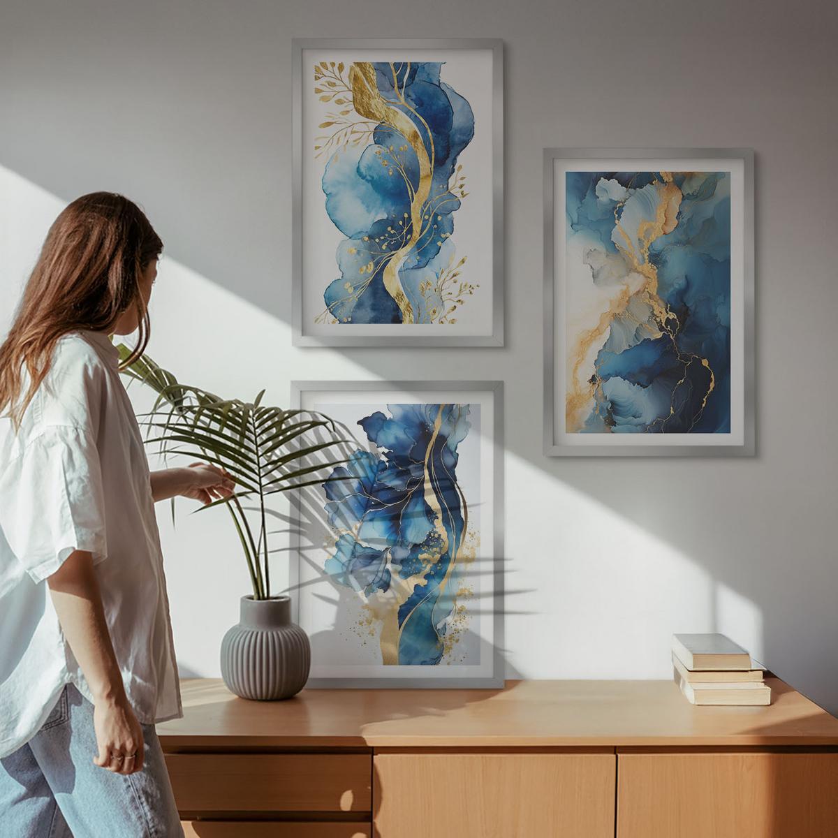 BILDER SET 3er Set - 40x60 cm Silberner Rahmen - Blaue abstrakte Muster - Silberfarben, Kunststoff (40/60cm) - TULUP