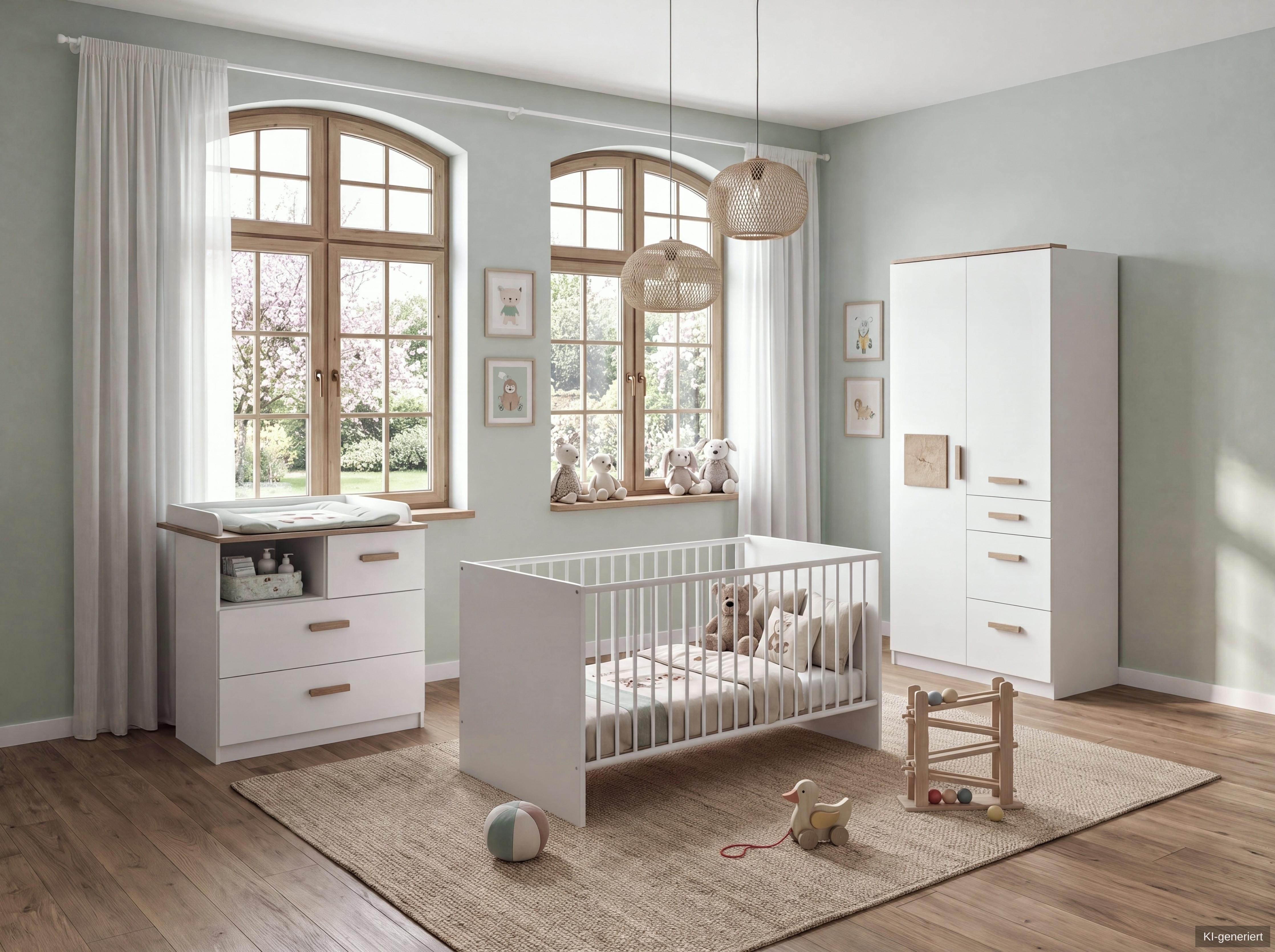 BABYZIMMER-SET 3-tlg.: Babybett & Wickelkommode & Kleiderschrank 2-türig B91/H199/T58 cm, Weiß mit Eiche & Hirnholz Dekor / 22812 - Eichefarben/Weiß, Holzwerkstoff (91/199/58cm) - luma-home