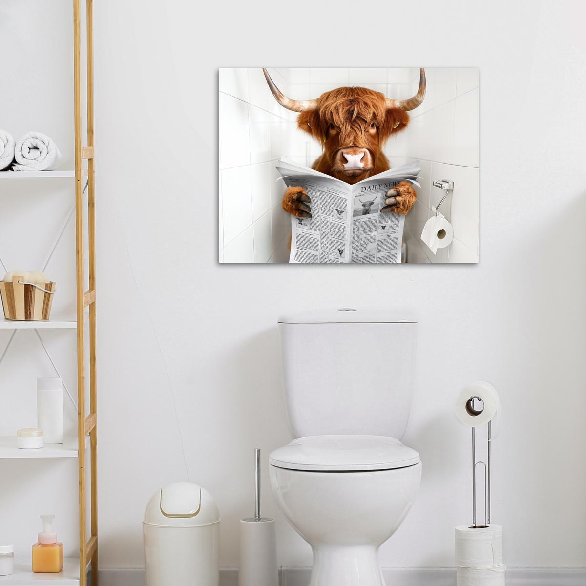 LEINWANDBILD Schottischer Highlander - Tier - Zeitung - Toilette Wandbilder 80x60 cm - Kastanienfarben, Textil (80/60cm) - MuchoWow