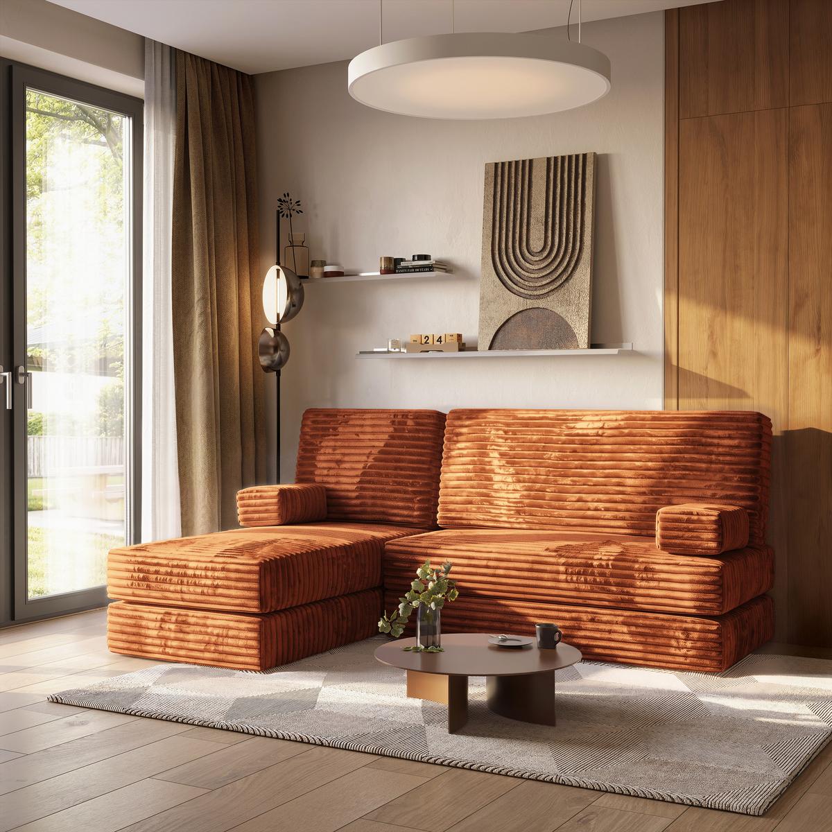 ECKSOFA NOTIA modulares Boneless Sofa mit Schlaffunktion Braun Kordstoff - Braun, Textil (200/120cm) - MASSENO