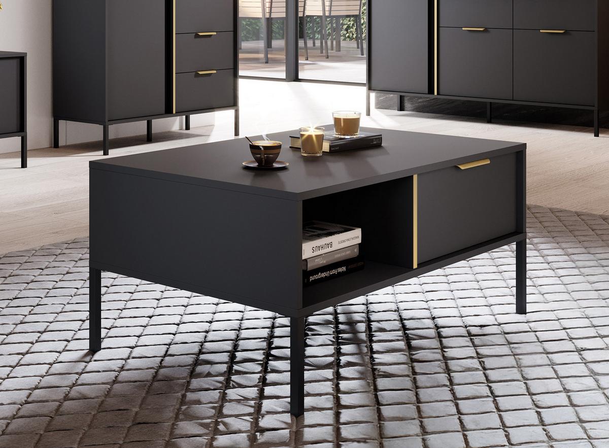 COUCHTISCH Catanian 1S Grau 96,9/44,4/60 cm – mit goldenen Griffen und schwarzen Beinen - Schwarz/Grau, Holzwerkstoff/Metall (60/96.9/44.4cm) - AX Living
