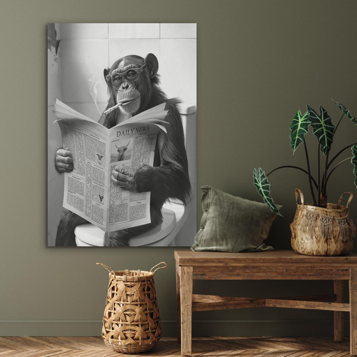 AKUSTIKBILD Affe - WC - Zeitung - Schwarz-Weiß - Humor Wanddeko 70x100 cm - Hellgrau, Kunststoff (70/100/0.9cm) - MuchoWow