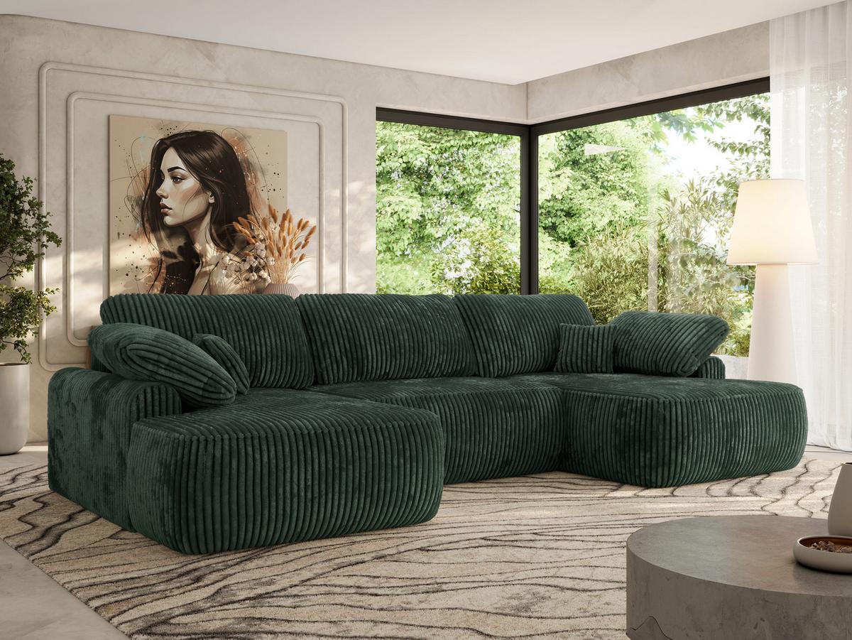 WOHNLANDSCHAFT CUBO U Grün Cord - Schwarz/Grün, Kunststoff/Textil (370/100/187cm) - MKS