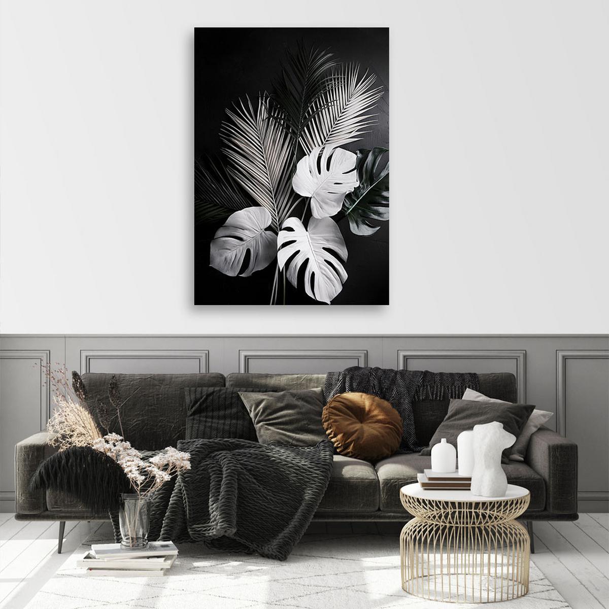 WANDBILD monstera palmenblätter schwarz und weiß - Schwarz, Textil (70/100cm) - Feeby