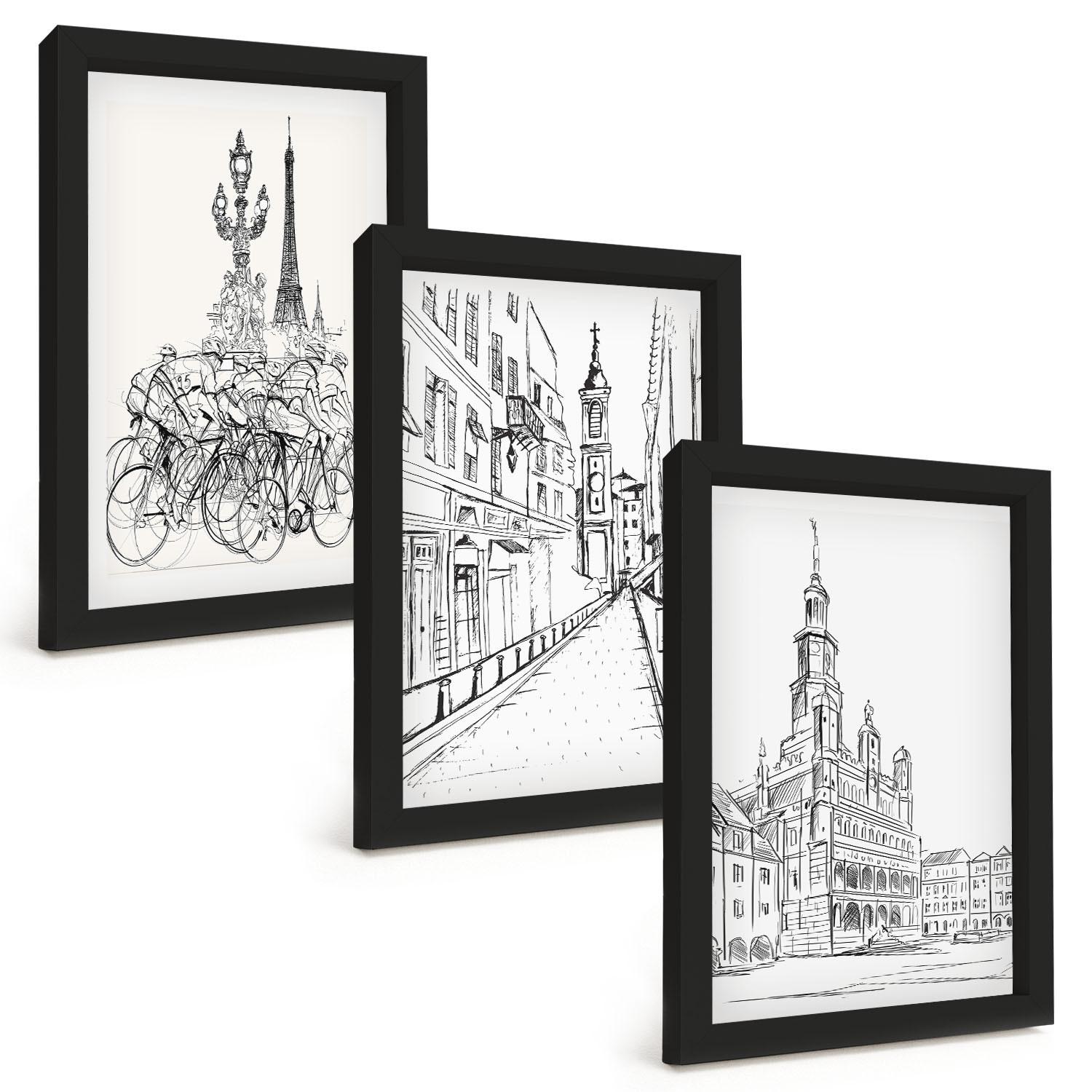 BILDER SET 3er Set - 20x30 cm Schwarzer Rahmen - Einfache Zeichnungen von Stadtlandschaften - Schwarz, Kunststoff (20/30cm) - TULUP
