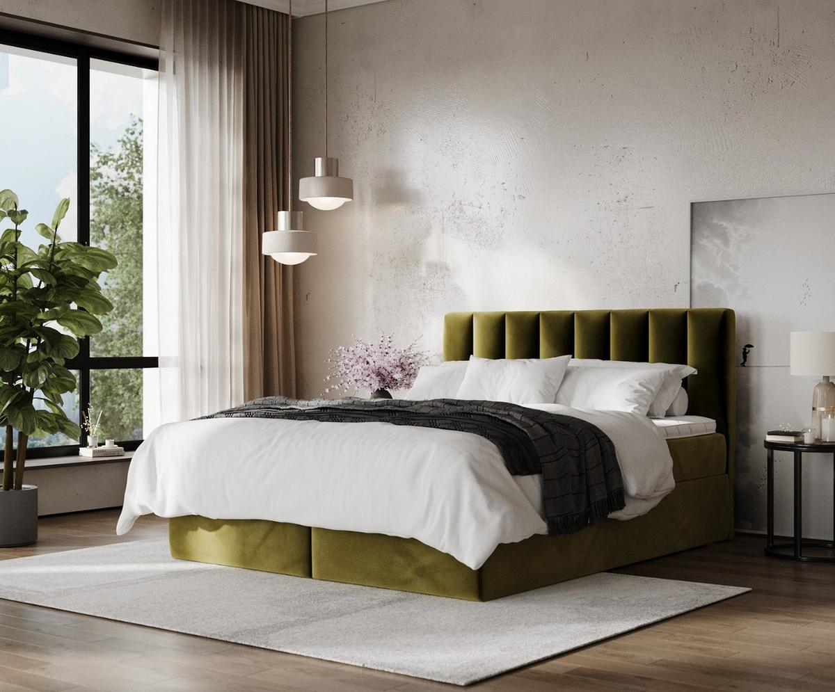 BOXBETT Lusso 160/200 cm Olivgrün im Kronos Stoff - Schwarz/Olivgrün, Holz/Holzwerkstoff (160/200cm) - AltaBeds