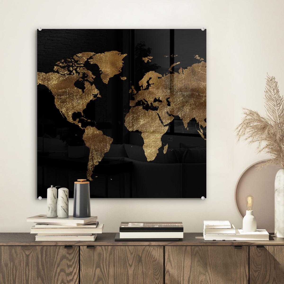 ACRYLGLASBILD Weltkarte - Gold - Luxus - Erde - Schwarz 50x50 cm - Goldfarben, Glas (50/50cm) - MuchoWow
