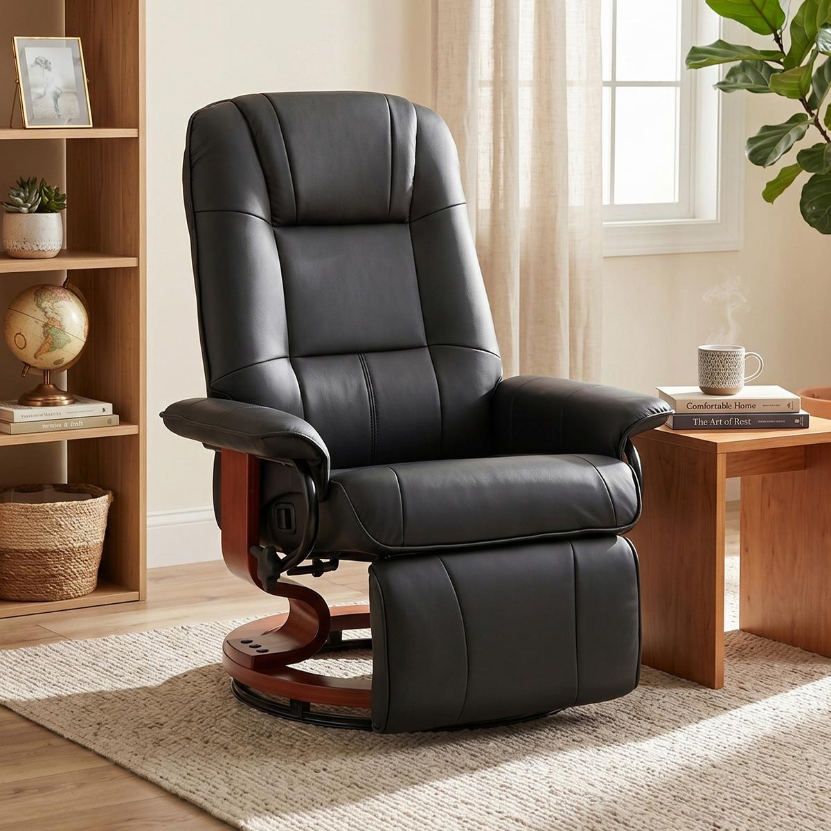 FERNSEHSESSEL Relaxsessel Liegesessel Kunstleder 360° Drehstuhl Holzfuß neigbar - Schwarz/Braun, Leder/Holz (87/100/78cm) - HOMCOM