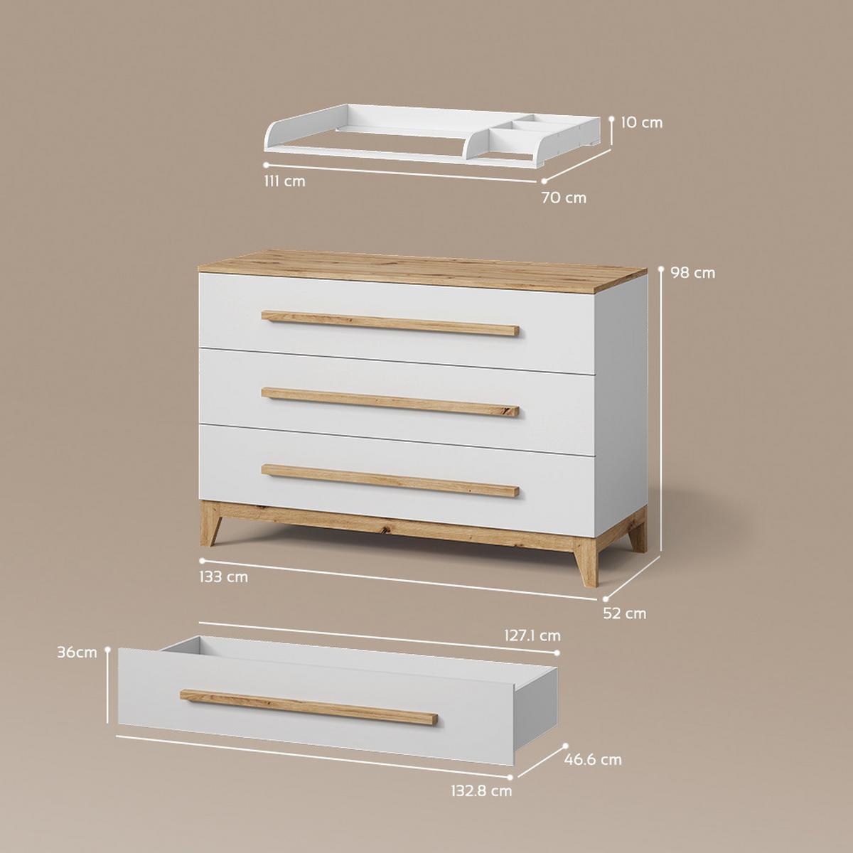 WICKELKOMMODE Mailo Weiß/Artisan XL mit 3 Schubladen - Weiß/Eiche Artisan, Holzwerkstoff (133/98/70cm) - Livinity®