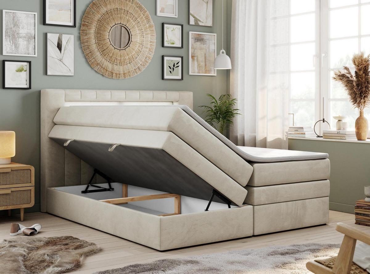 BOXSPRINGBETT GOLD-5 KING LED 120/200 Beige Velvet - H3 - Beige, Holz/Textil (120/200cm) - MKS