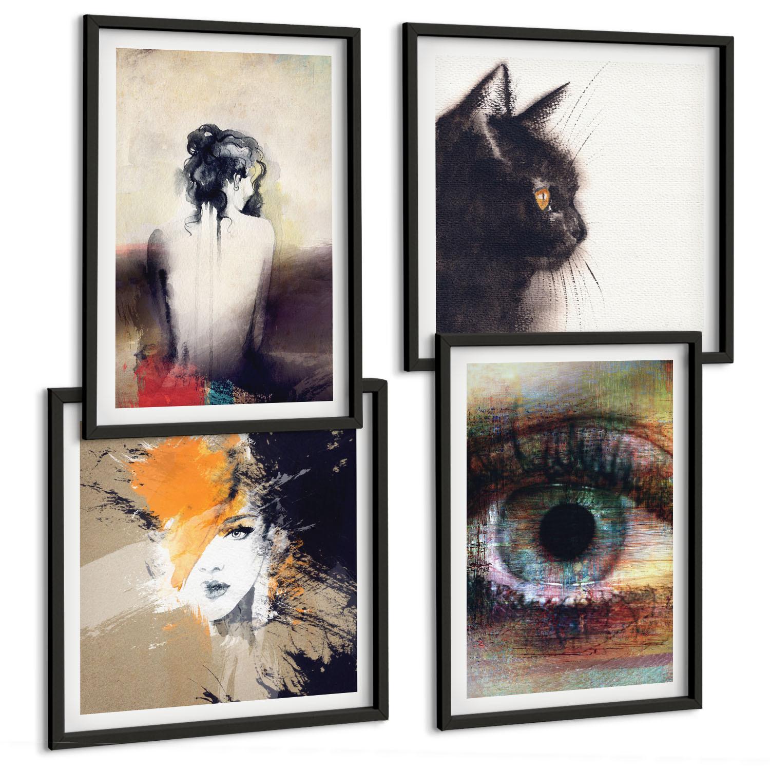 BILDER SET 4er Set - 50x50 cm & 40x60 cm Schwarzer Rahmen - Porträt einer Frau, Auge, Farben, Emotionen - Schwarz, Kunststoff (50/50cm) - TULUP