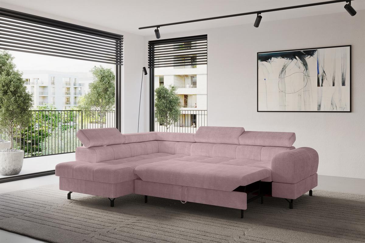 ECKSOFA mit Schlaffunktion Ottomane Links LUMA-L 272x203x70 Rosa Cord - Schwarz/Rosa, Holzwerkstoff/Kunststoff (272/203cm) - ALTDECOR