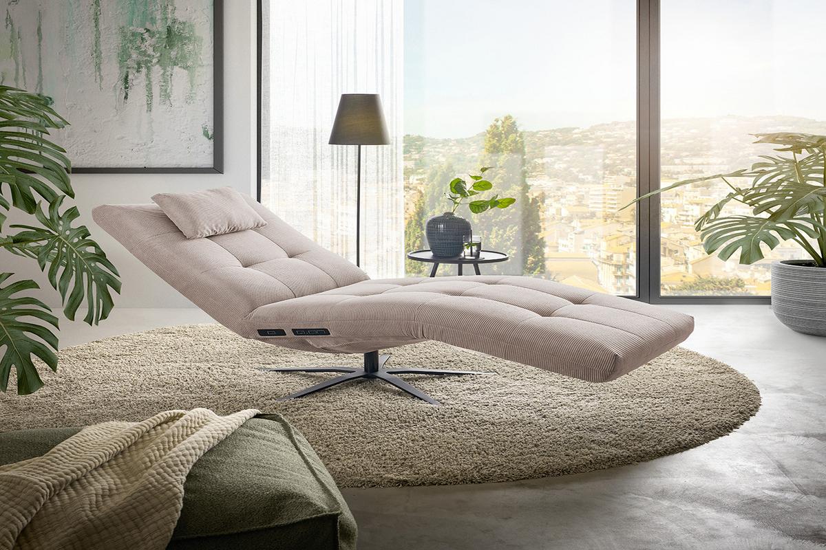 RELAXLIEGE LETICIA Beige Cord Drehbar (360°), Relaxfunktion - Beige/Schwarz, Textil/Metall (82/115/156cm) - KAWOLA