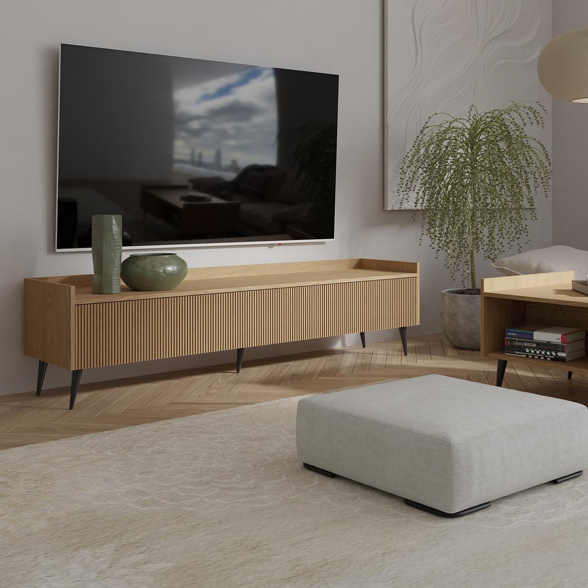 LOWBOARD Amfali mit 3 Klapptüren, geriffelte Fronten, Push-to-open, Metallbeine, 180 cm, Frühlings-Eiche - Eichefarben/Schwarz, Holzwerkstoff/Metall (180/45/41cm) - Beautysofa