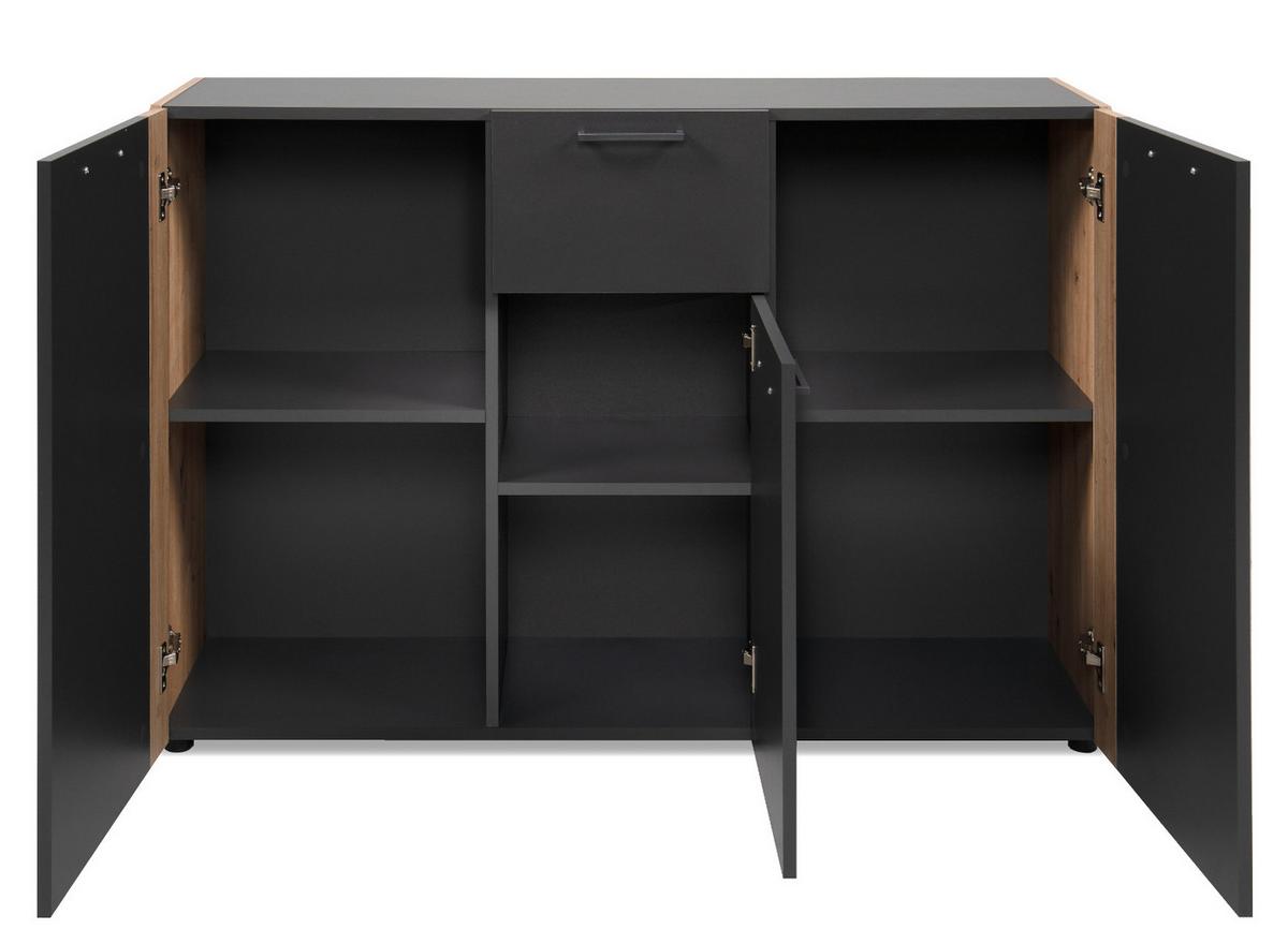 SIDEBOARD grau, Artisan Eiche 126 x 85 cm, Kommode 3-türig - Anthrazit/Schwarz, Holzwerkstoff/Kunststoff (125.5/85/34.5cm) - Furn.Design