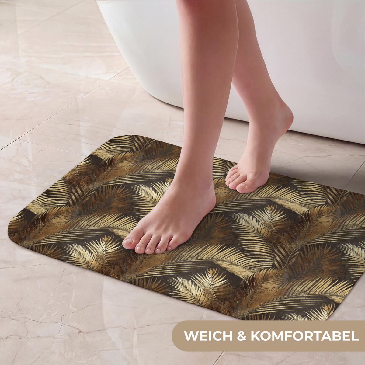BADEMATTE Tropisch - Blätter - Gold 60x40 cm - Dunkelbraun/Goldfarben, Textil (60/40cm) - OnlyWow